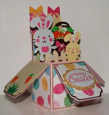 Happy Easter Day, Bunnies & Easter Eggs, Handmade Box Pop up greeting card - Image 1 of 4