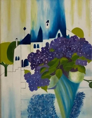 Ölbild "Bergdorf mit Hortensie" Zeichnung Gemälde Original Dekoration Keilrahmen - Bild 1 von 2