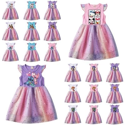 Kids Girls Cartoon characters Rainbow Mesh Dress Princess T-Shirt Tutu Dress - Image 1 of 4