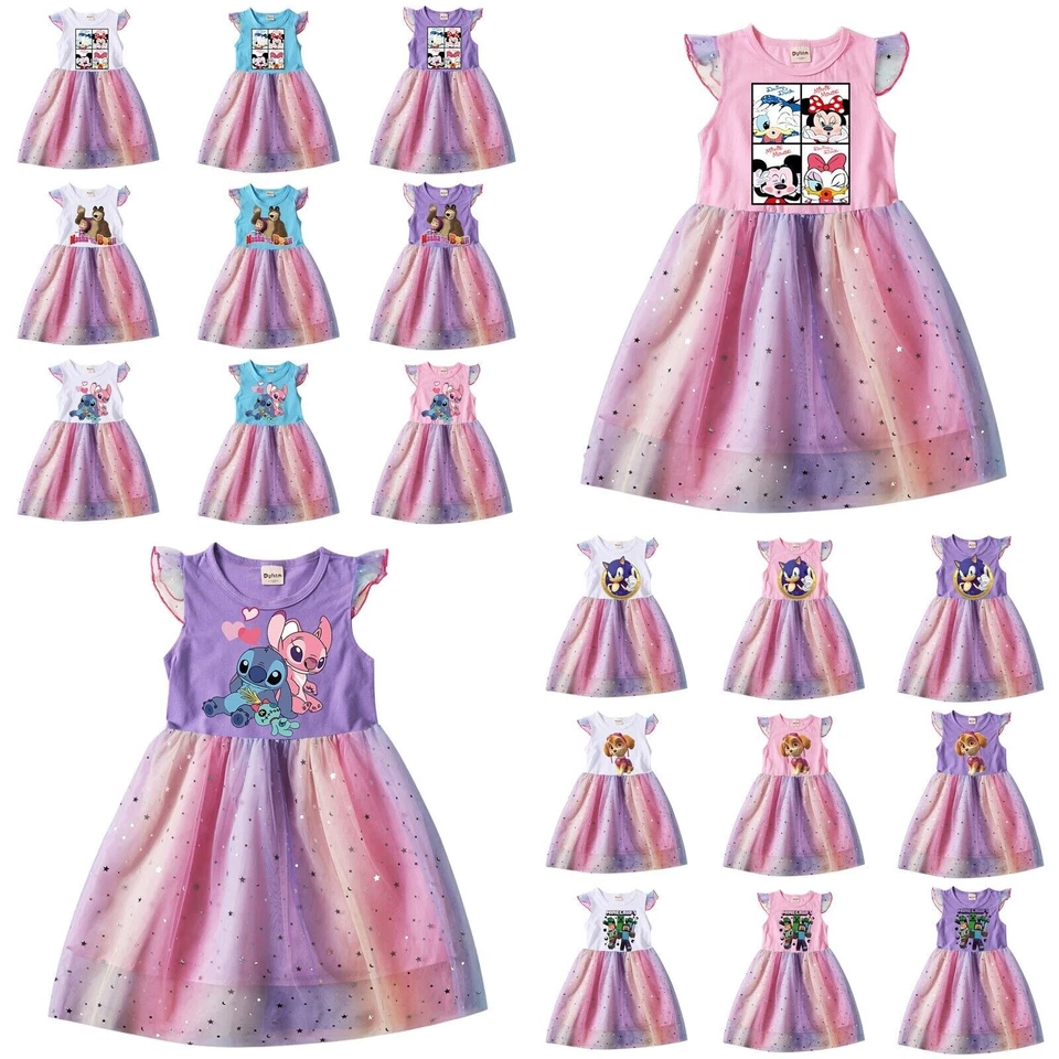 Children's Girl Cartoon Character Rainbow Mesh Dress Princess T-shirt Tutu Dress - Image 1 of 4