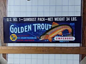 Etiqueta de caja años 50 - Emperadores marca trucha dorada (uvas). Trucha atrapada en señuelo. - Imagen 1 de 1