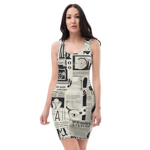 Vestido ceñido al cuerpo estampado en todas partes hecho a mano para mujer negro blanco diseño de arte de periódico - Imagen 1 de 21