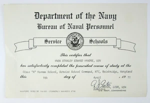 1971 Department of The Navy Bureau of Naval Personnel Class A Yeoman Certificate - Picture 1 of 3