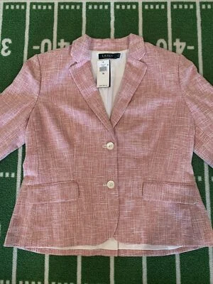 Lauren Ralph Lauren strukturierter Baumwollmischung Kavaj rosa weiß Strick Crop Blazer 16 - Bild 1 von 4