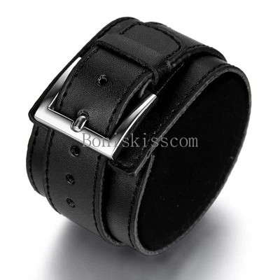 Punk Rock Black Leather Handcrafted Wide Belt Men's Bracelet Birthday Gifts - Image 1 of 3