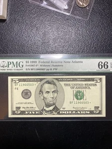 💎 1999 $5 Federal Reserve *STAR* Note Atlanta ⭐️ PMG Gem UNC 66 EPQ - Picture 1 of 4