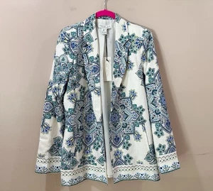 Rachel Zoe Blazer Jacket Womens S White Blue Printed Linen Blend Elegant NWT - Picture 1 of 6