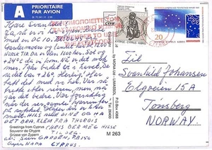 ai2211 - CHIPRE - Historia Postal - POSTAL a NORUEGA Matasellos Rojo 1955 - Imagen 1 de 1