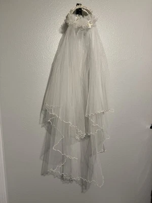 Vintage Wedding Veil White Headpiece/Cap w Long Tiered Veil Trimmed - Image 1 of 4