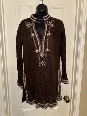 Cubierta de traje de baño vintage azul marino talla mediana túnica 100 % lino marrón Foto 1 de 4