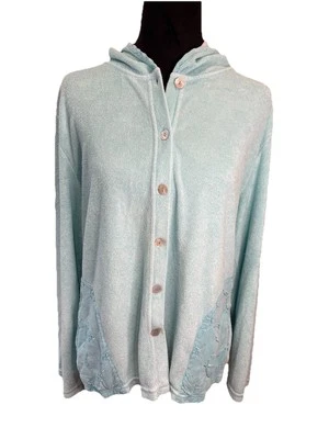 Jaqueta feminina Russ Berens tecido terry turquesa com capuz tamanho médio década de 1990 praia - Imagem 1 de 4