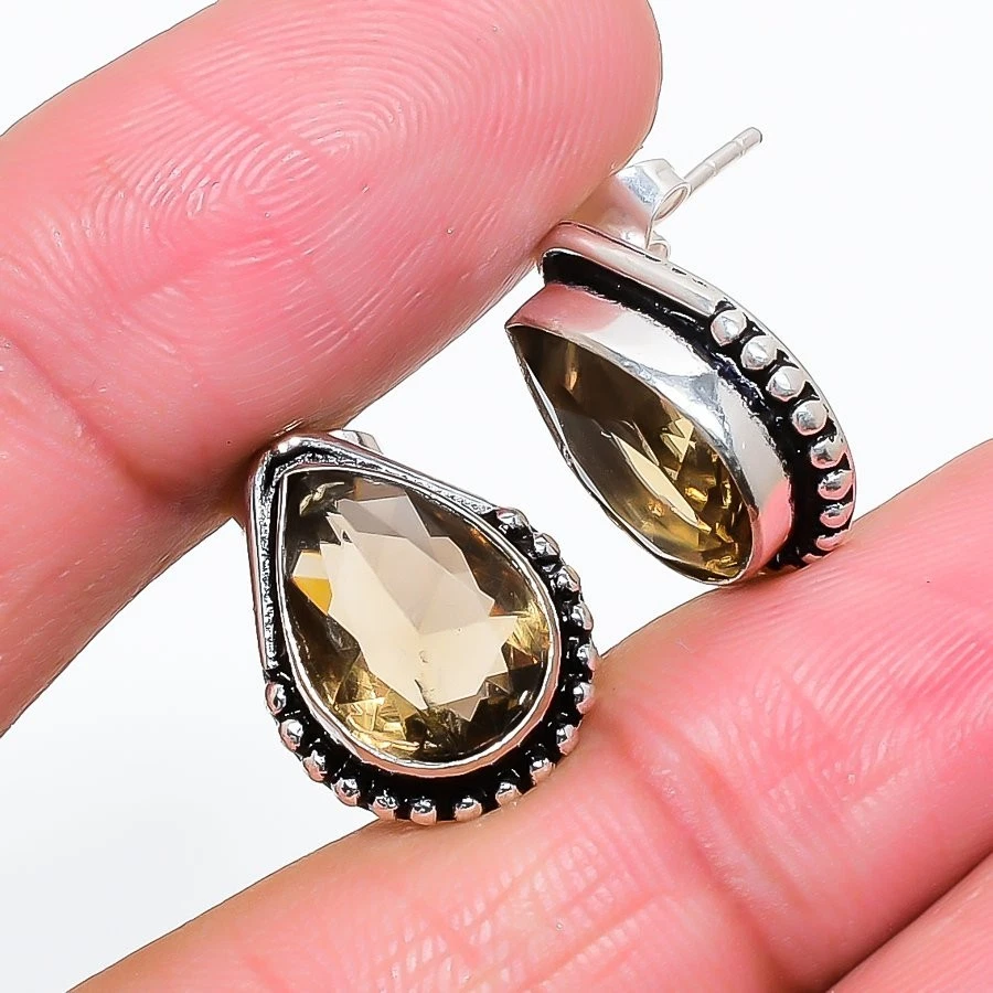 Brown Smoky Quartz Gemstone Handmade 925 Sterling Silver Jewelry Stud Earring - Image 1 of 1
