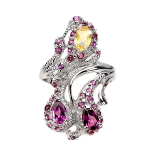 925 Sterling Silver Ring Pear Rhodolite Garnet Citrine Gemstone Jewelry Size 8 - Picture 1 of 10