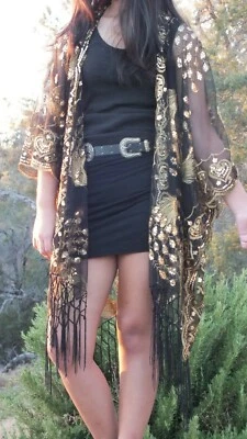 Top de fiesta kimono caftán pavo real lentejuelas dorado negro talla única Foto 1 de 4