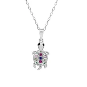 Argento Sterling Collana Con / Multicolore Zircone Cubico Pietre Turtle Ciondolo - Foto 1 di 4