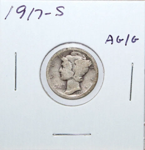 1917 S US Mercury Silver Dime AG About Good Free Shipping Cover