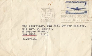 Stamp 1965 Cocos Islands Australia 5d aeroplane on cover Adelaide to Box Hill - Picture 1 of 1