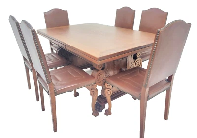 Antiguo juego de mesa y 6 sillas de comedor con patas de garra talladas ornamentadamente años 30 Foto 1 de 4