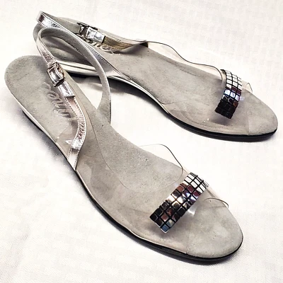 Sandalias Onex De Colección Mujer Talla 10 Transparente Plateado Correa Trasera Boda Formal Fiesta Usadas en Excelente Condición! Foto 1 de 4