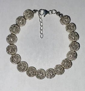 Handmade Ornate 925 Sterling Silver Lace Like Ball Bead Bracelet Adjustable - Picture 1 of 6