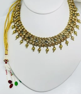 Collana da sposa Polki Champagne Strass Perle Punjabi Gioielli Dichiarazione India - Foto 1 di 5