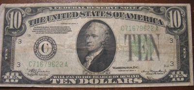 1934 A $10  Federal Reserve Note Philadelphia - Image 1 of 4