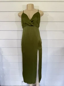 Zara Green Midi Dress Sateen Effect V-Neck Slit Detail XS Waist 22 Khaki Y527 - Picture 1 of 22