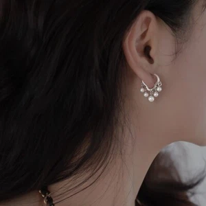 S925 Solid Sterling Silver Lovely Cloud Hoop Pearl Tassel Earrings Party Gifts - Picture 1 of 6