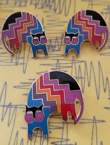 LAUREL BURCH Signed "Aztec Cat" Vtg Cloisonné GP Enamel Clip On Earrings & Pin - Picture 1 of 8