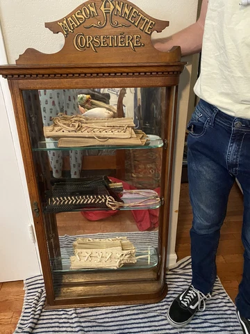 Antique Advertising French Corset Display   Cabinet 4 Feet  Tall Curved Glass Cover