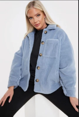 NEW Ex In The Style Blue Oversized Trucker Teddy Jacket Coat RRP £50 All Sizes - Image 1 of 4