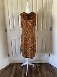 Womens Paisley Dress Vintage bow front sleeveless red brown handmade large - Picture 1 of 7