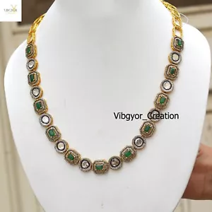 Pietra Preziosa Diamante Pave 21" Collana Placcata Oro Argento 925 Gioielli Polki Per Lei - Foto 1 di 4