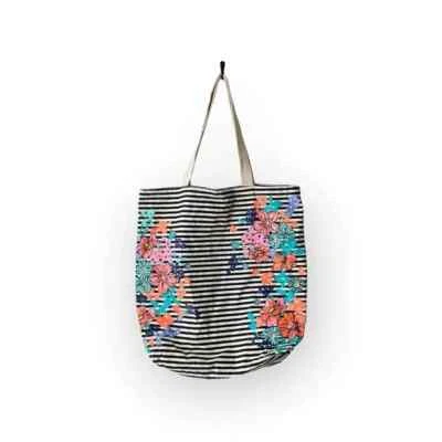 Old Navy Cotton Canvas Tote Bag Black Stripes Bright Multicolor Flowers - Image 1 of 4