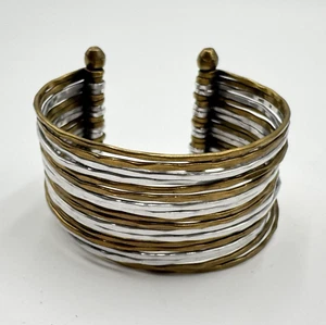 Chunky Mix Metals Open Cuff Bracelet Hammered Texture Dual Brass Silver Tones 7" - Picture 1 of 12