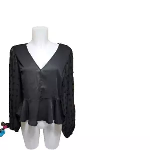 Women Size XL Black Long Sleeve Top Blouse Chiffon Ruffles - Picture 1 of 12