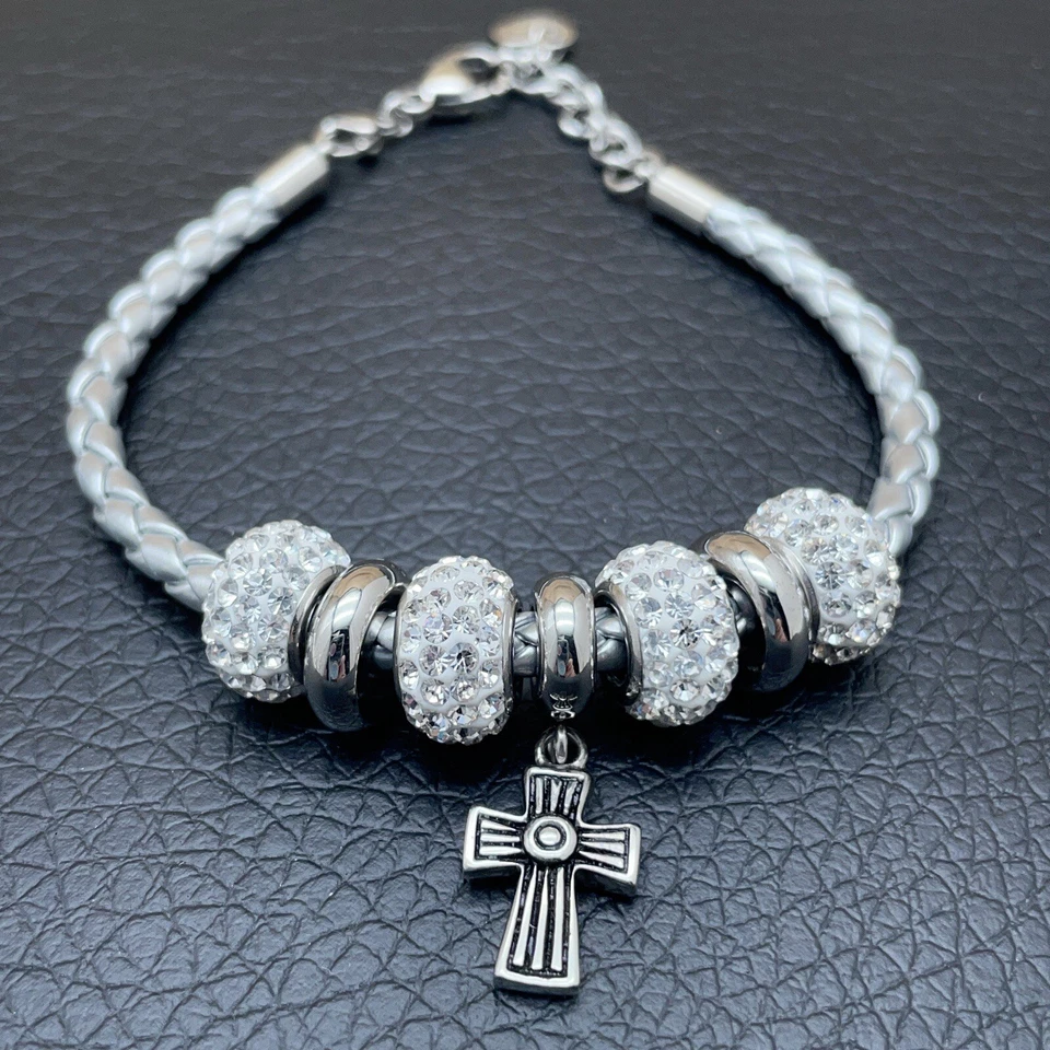 Pulsera con dijes cruzados cuentas de cristal imitación cuero tono plata acero inoxidable  Foto 1 de 4