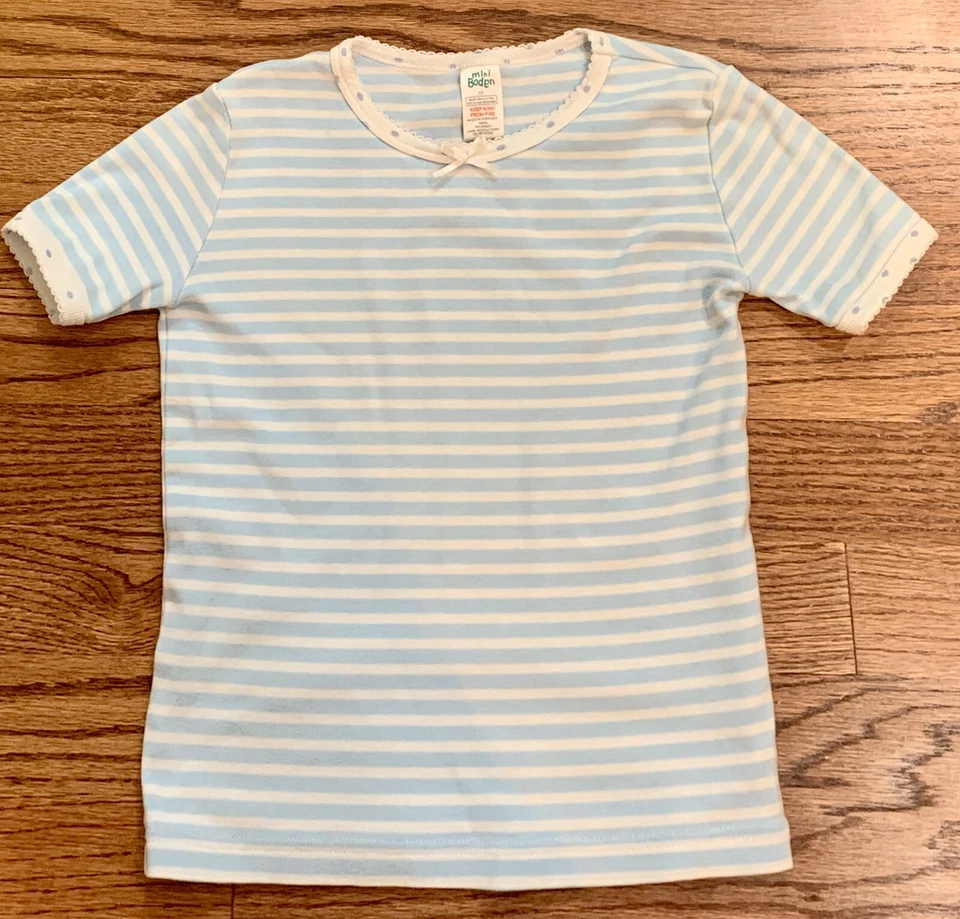 Mini Boden Niñas Talla 10 Azul Blanco Rayas Pijama Top Lunares Borde Algodón Foto 1 de 3
