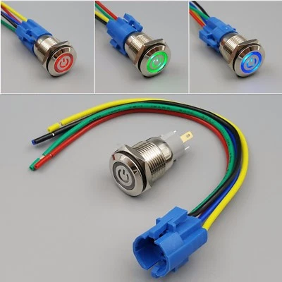 16mm Waterproof Power 12V LED 5Pin SPDT Metal Push Button Switch With Connector - Image 1 of 4