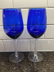 Artland Braid Air Twist Stem Hand Blown Wine Glasses Cobalt Blue 9” T Set Of 2 - Picture 1 of 8