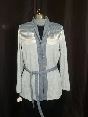 Cardigã feminino Flutterbye 16 vintage novo com etiquetas mod anos 60 anos 70 listra cinza união feito nos EUA - Imagem 1 de 4