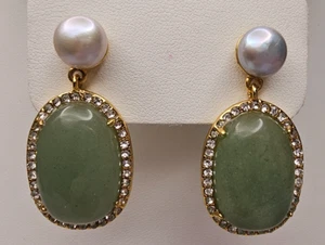 J Crew Large Baldwin Pave Stone Freshwater Pearl Drop Apple Green Earrings - Picture 1 of 5