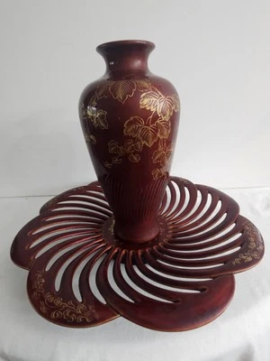 Vintage Occupied Japanese Glass Vase /Metal Tray 2"H x 14"D-Vase 10.5"H x4.5"W - Image 1 of 4