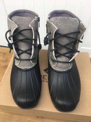 Nuevo Mujer Sperry Agua Salada Negro/Gris Cuero Pato Botines 9M Foto 1 de 4