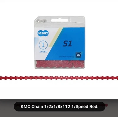 KMC SINGLE SPEED BICYCLE CHAIN RED 1/2"X1/8"X 112,CRUISER,BMX - Image 1 of 2