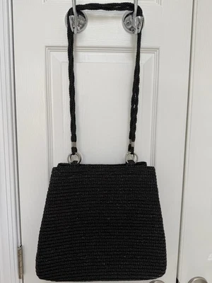 Vintage Black Straw Shoulder Purse with Silver Metal Embellishments - Image 1 of 4