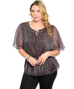 Women Plus Size Sheer Gray Nylon V-Cut Blouse w/elastic waist. Size 1XL & 3XL. - Picture 1 of 2