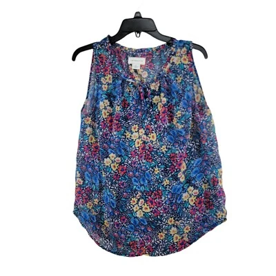 Liz Claiborne Blue Yellow Red Floral Sleeveless Casual Button Lined Top SZ M - Image 1 of 4