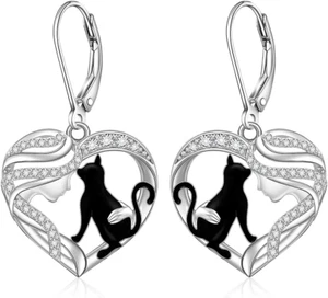 Black Cat Heart Sterling Silver CZ Dangle Drop Earring Jewelry Gifts for Women - Picture 1 of 9