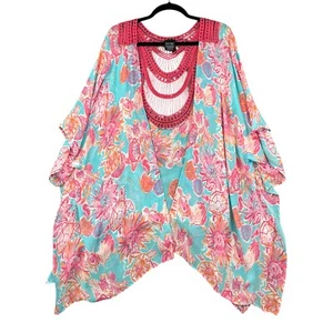 Charlie Paige Tropical Crochet Neckline Open Batwing Sleeves Kimono Beach OS - Picture 1 of 5